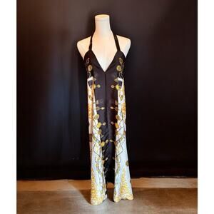 ZARA Backless Halter Satin Maxi Dress Lingerie Style Slip Floral Sexy Gold Small